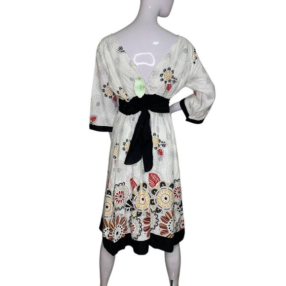 Beautiful! Kimono Cut Floral Dress Size Small Wide 3/4 Sleeves White and Brown - Picture 6 of 12